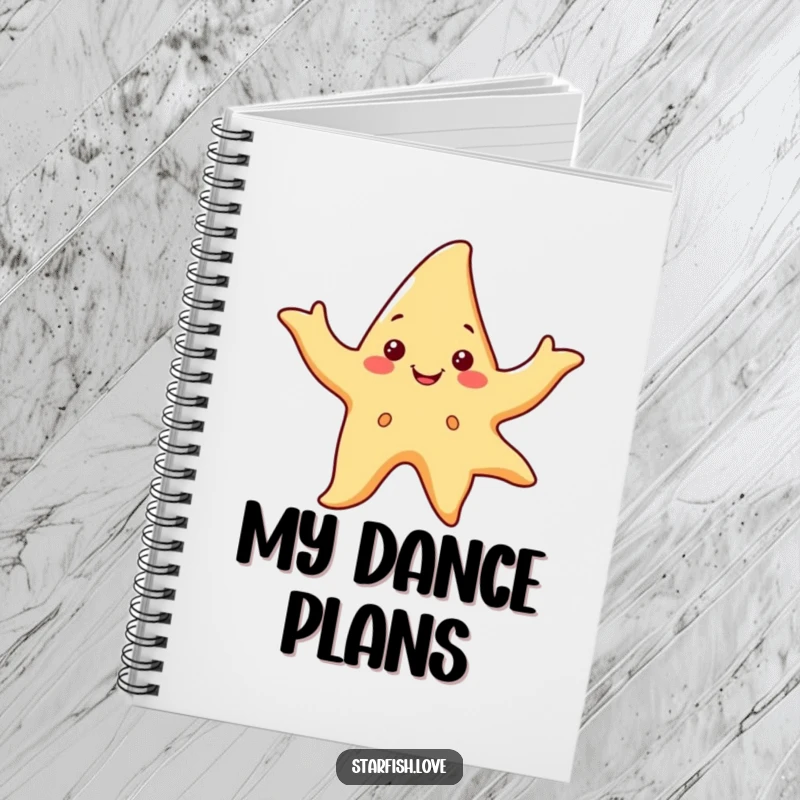 Funny notebook featuring a smiling starfish character dancing with flowing arms, perfect for jotting down dance ideas.