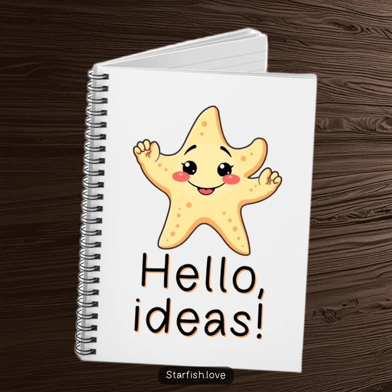 Funny Notebook cover features a friendly starfish with a goofy grin, waving all five arms, perfect for jotting notes.