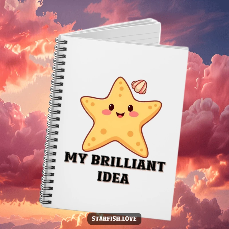 Funny notebook featuring a happy starfish character balancing a small seashell on its tip, perfect for balanced note-taking.