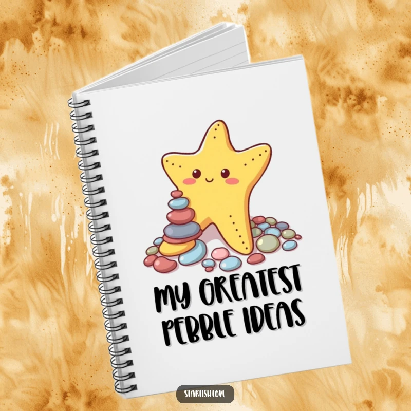 Funny notebook with a determined starfish attempting to stack colorful pebbles, depicting amusing focus and a funny, unstable process for note-taking.