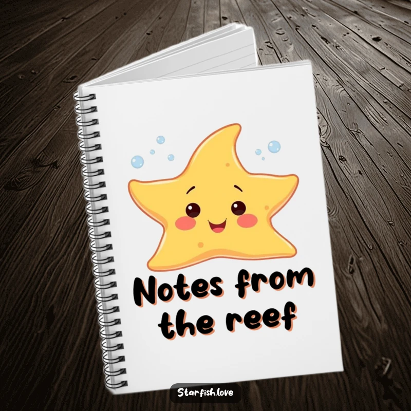Funny notebook with a cheerful starfish character sprouting tiny, sparkling bubbles, perfect for jotting down bubbly ideas.