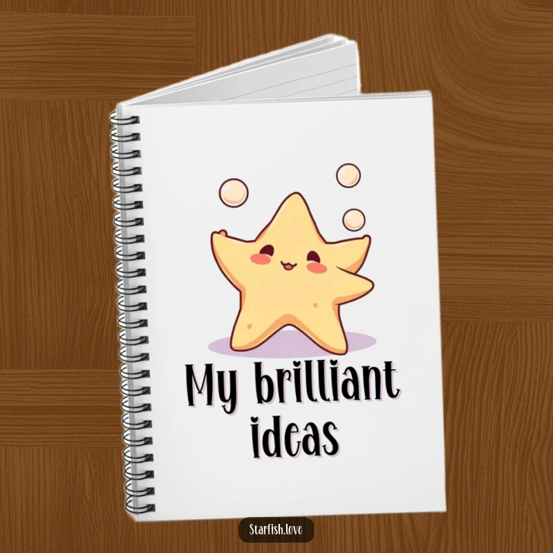 Notebook with a cover design of a cute starfish happily juggling three tiny pearls, ideal for journaling and creative expression.