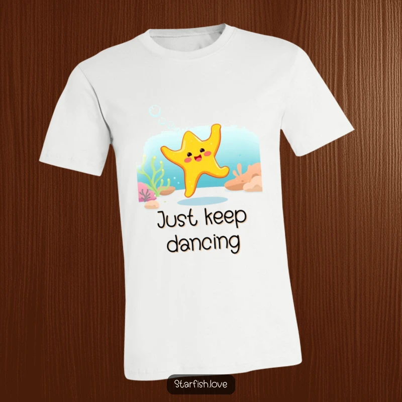 Funny T-Shirt with a bright yellow starfish character performing a lively, bubbly dance in an underwater setting.
