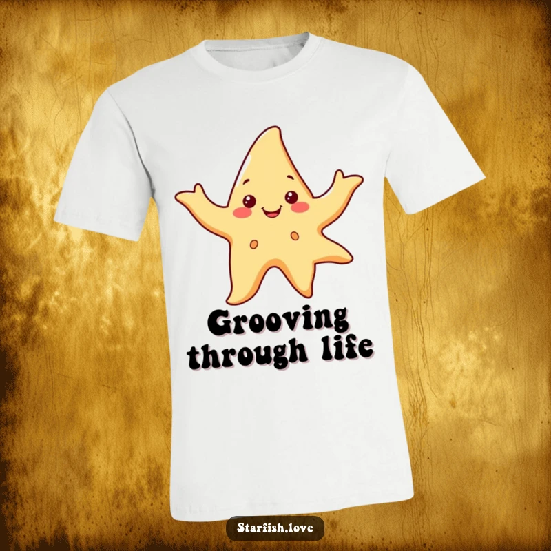 Funny t-shirt showing a smiling starfish character enthusiastically waving its arms in a fluid dance, full of life.