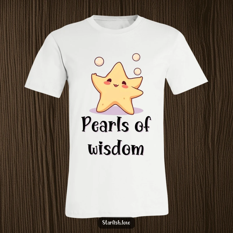 Cute and funny starfish character gleefully juggling small pearls on a t-shirt, showcasing a joyful and playful ocean theme.