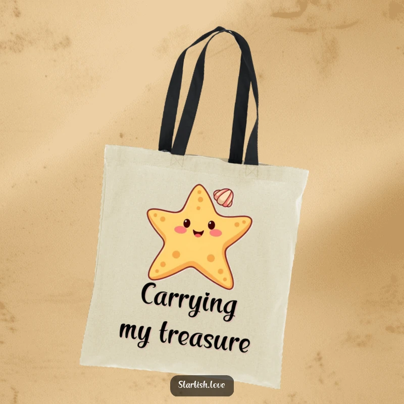 Funny tote bag showing a happy starfish character balancing a small seashell on its tip, perfect for carrying items stylishly.