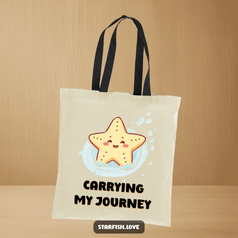 A durable tote bag featuring a joyful starfish character sliding down a water current, perfect for carrying essentials with an adventurous, marine theme.
