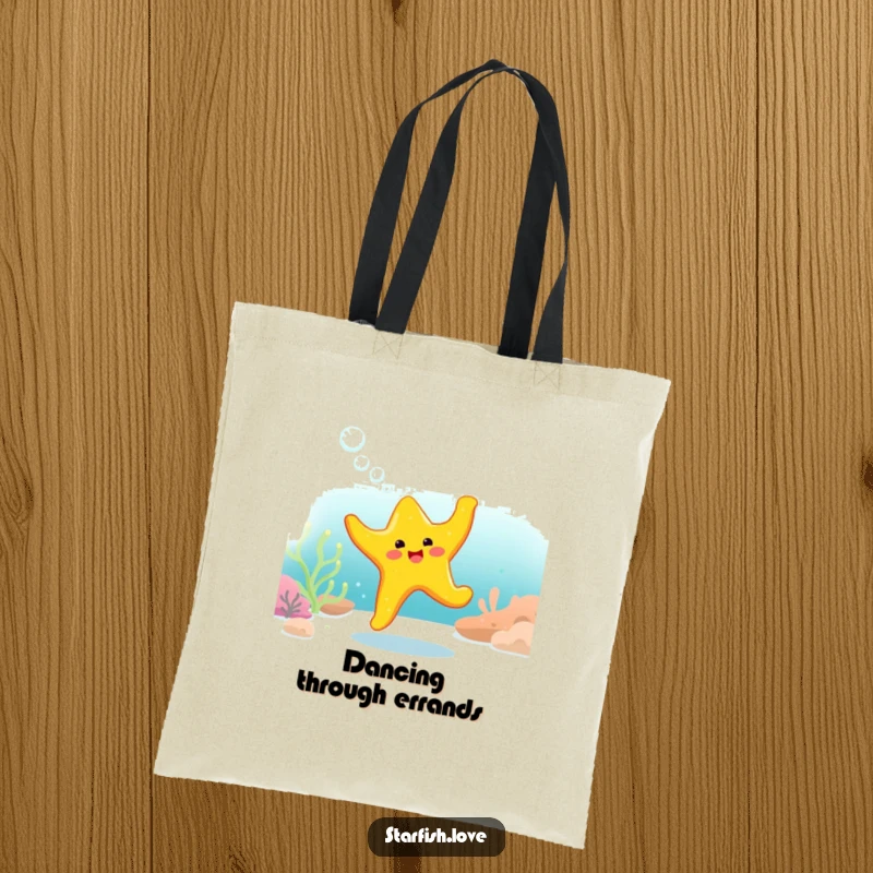 Funny Tote Bag depicting a bright yellow starfish character doing a happy, bubbly dance underwater, bringing cheer.