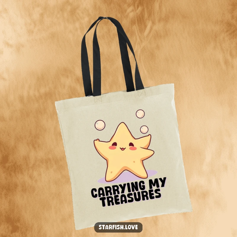 A durable tote bag featuring a happy starfish character juggling three tiny pearls, perfect for carrying items with a playful, marine theme.
